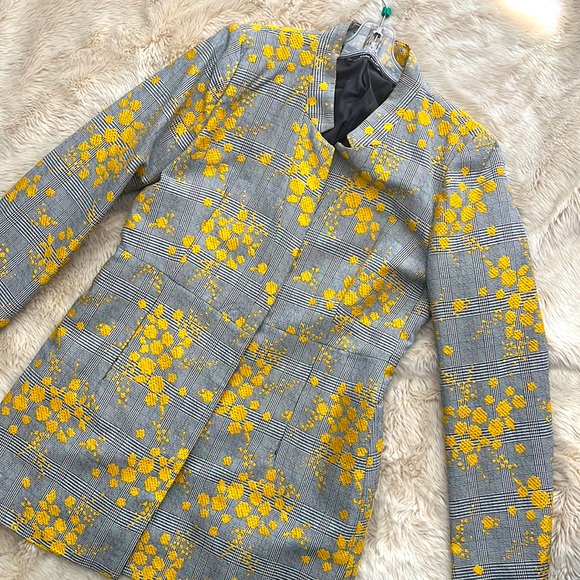 ZARA FLORAL YELLOW & PLAID GREY INVERTED
LAPEL FROCK COAT JACKET WOMEN Sz: XL - Picture 3 of 9